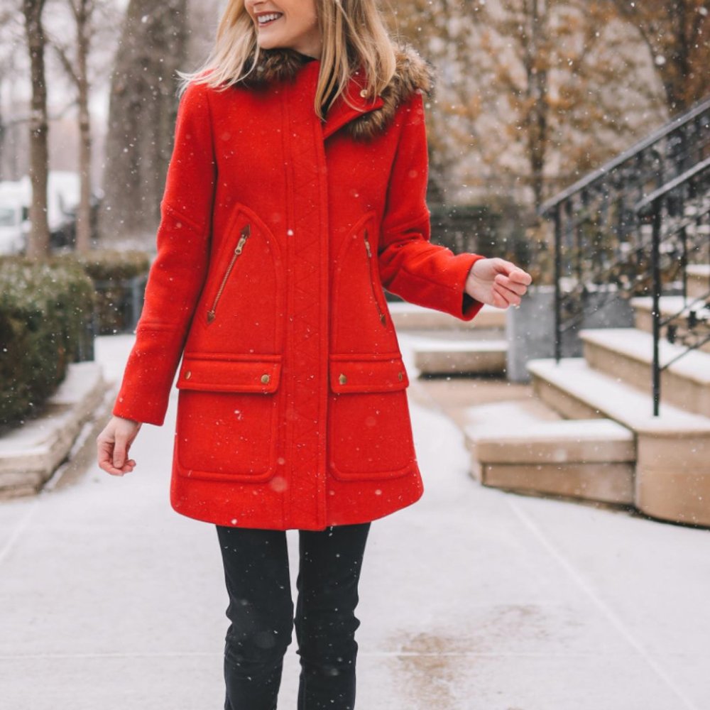 J. Crew Red Women's Coat with Fur Trim